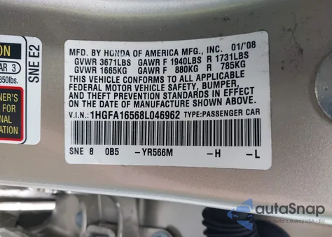 2008 Honda Civic Lx from USA, damaged, VIN 1HGFA16568L046962